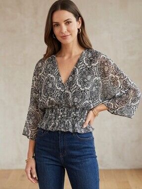 Allison Taylor - Black & White Paisley Smocked-Waist Blouse